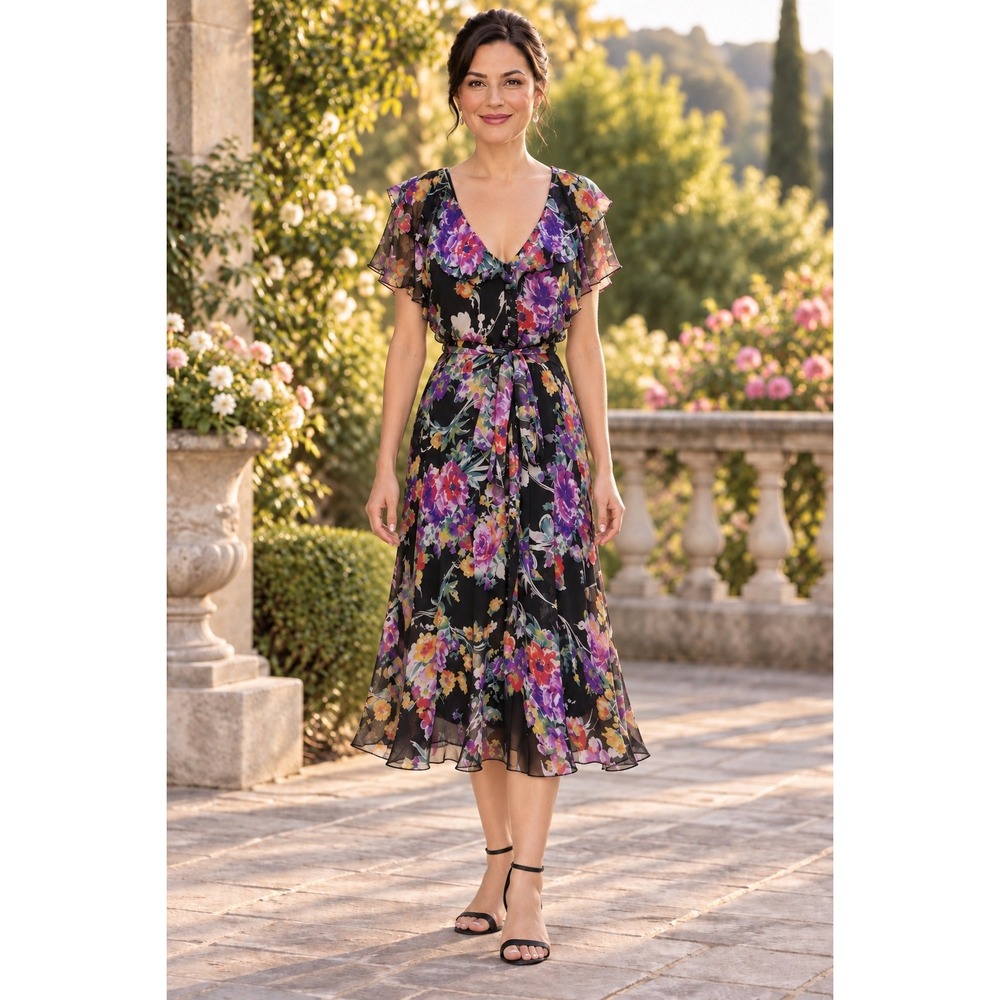 Lauren Ralph Lauren 100% Silk Floral Ruffle Midi Dress Black Multi Size 16